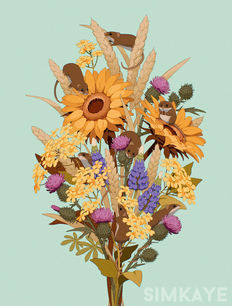 "Harvest Mouse Bouquet" - Digital. Texas Thistle, Texas Lupine, wheat, Sunflowers