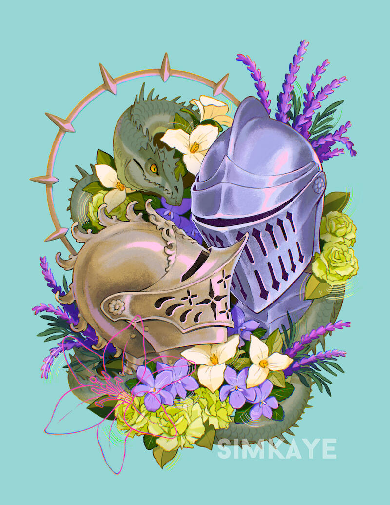"Queer Knights" - Digital. Violet, green carnation, trillium, lavender, and lily.